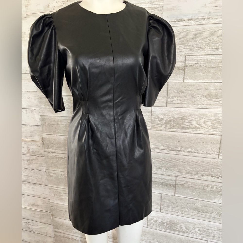 Zara Black Faux Leather Mini Dress with Puff Sleeves